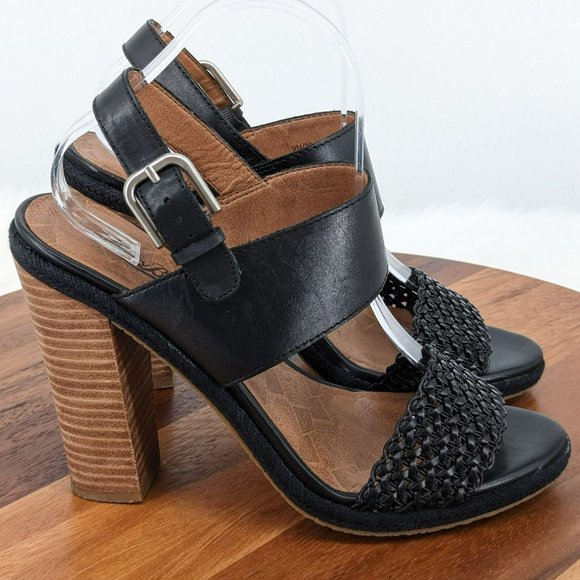 Lucky Brand Putnam Heels 9 M 39 Black Leather Woven Strap Stacked Ankle Buckle - Picture 6 of 13